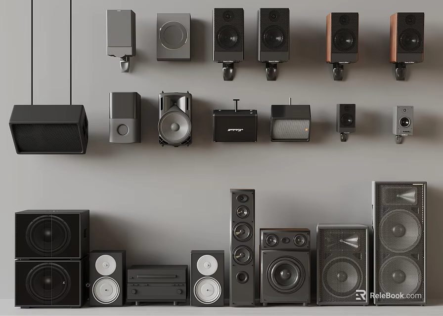 Modern Home Audio Speakers With Various Designs Sizes Wall Mounted And Floor Standing Styles 3d model 