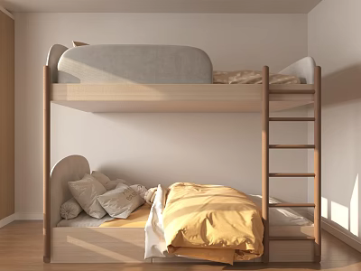 Wooden Children's Bunk Bed with Gray Mattress Yellow Quilt and Pillows 3d model