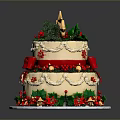 Festive Christmas Cake With Two Layers Cream Red Bow Holly Berries And Gold Ornaments