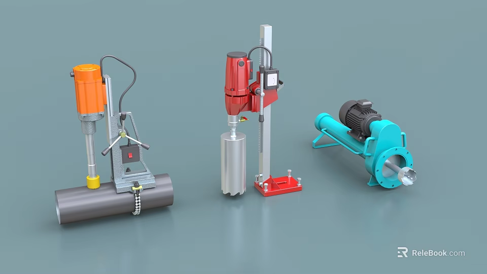 Industrial Drilling Machines In Orange Red And Blue For Heavy Duty Applications 3d model 