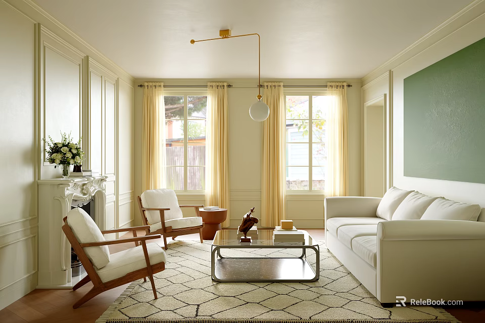 Bright Cream Style Living And Dining Room With Abundant Natural Light And Comfortable Soft Furnishings 3d model 