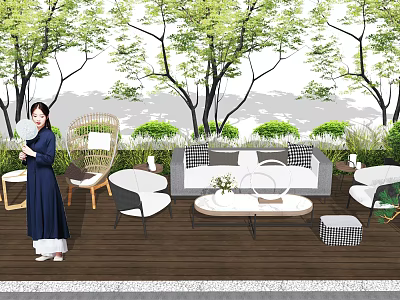 Outdoor Sofa Set in Garden with Wooden Deck Green Plants and Outdoor Furniture 3d model