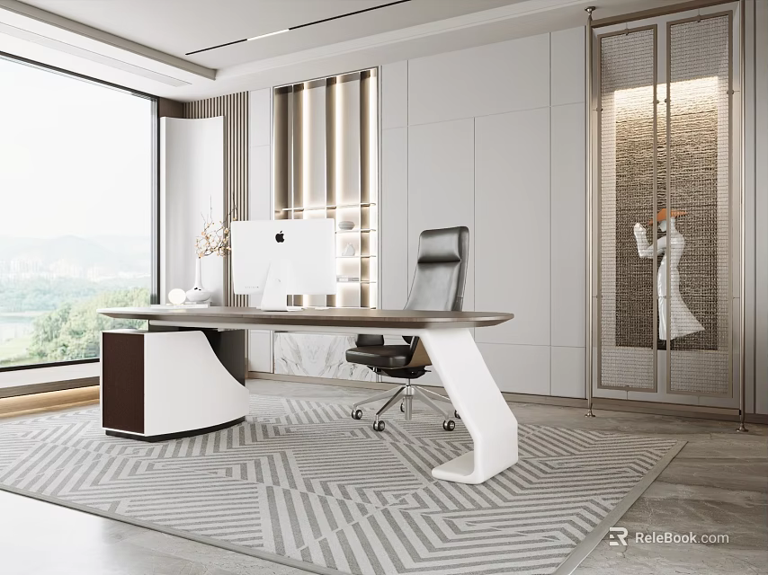 Modern Luxury Executive Office Interior Design With Panoramic Outdoor View Sleek Desk And Ergonomic Chair 3d model 