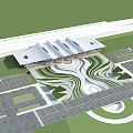 Modern Railway Station Exterior With Red And White Wavy Roof And Plaza Steps
