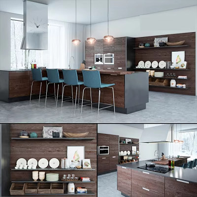 Modern Kitchen Interior With Wooden Cabinets Island Counter Appliances And Decorative Plates 3d model