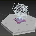 3D Technological Structure Featuring Hexagonal Platform Purple Base And Glowing Blue Grid Sphere