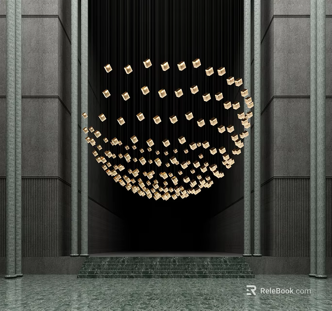 Contemporary Golden Chandelier with Square Shaped Lights in Dark Walled Space with Stairs 3d model 
