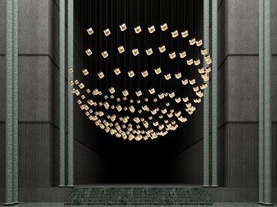 Contemporary Golden Chandelier with Square Shaped Lights in Dark Walled Space with Stairs 3d model