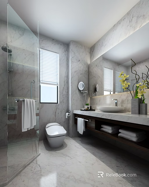 Elegant Modern Marble Bathroom With Complete Sanitary Fixtures Practical Storage Space And Beautiful Daily Decorations 3d model 