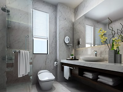 Elegant Modern Marble Bathroom With Complete Sanitary Fixtures Practical Storage Space And Beautiful Daily Decorations 3d model