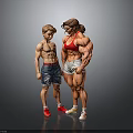 Muscular Man with Well Developed Physique in Denim Shorts Standing Beside Strong Female Athlete