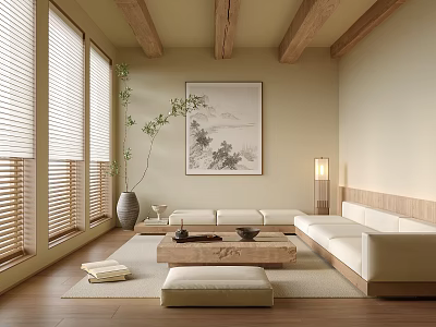 Japanese Style Living Room Interior With Wooden Beams Blinds Landscape Painting And Low Coffee Table 3d model