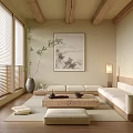 Japanese Style Living Room Interior With Wooden Beams Blinds Landscape Painting And Low Coffee Table