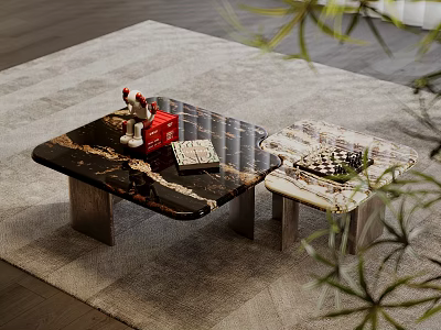 Modern Coffee Table with Marble Pattern Surface and Decorative Items on Gray Rug 3d model