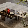 Modern Coffee Table with Marble Pattern Surface and Decorative Items on Gray Rug 3d model