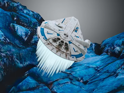 Futuristic Spaceship Taking Off Over Blue Rocky Terrain With White Engine Exhaust 3d model