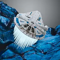 Futuristic Spaceship Taking Off Over Blue Rocky Terrain With White Engine Exhaust