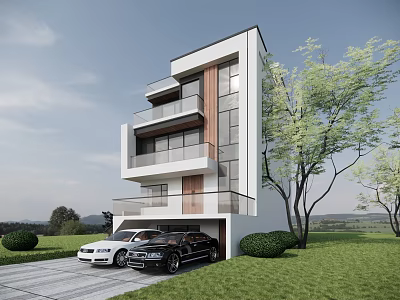 Modern Detached House Exterior With Large Windows Wooden Accents Balconies Garage And Lawn 3d model