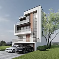 Modern Detached House Exterior With Large Windows Wooden Accents Balconies Garage And Lawn