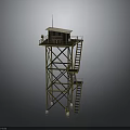 Tall Watchtower Structure With Metal Frame Staircase Cabin And Antenna
