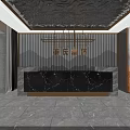 Elegant Chinese Storefront Reception With Marble Desk Black Counter Mirrored Ceiling Chandelier And Potted Plant