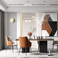Modern Dining Table Set With Orange And Gray Chairs And Abstract Wall Art