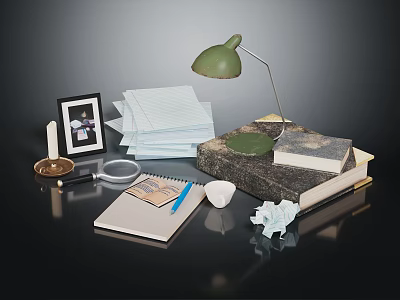 Desk Organizer Essentials With Notebook Lamp Books And Stationery Items 3d model