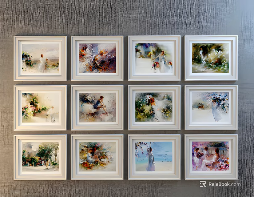 Stylish Photo Wall With White Framed Various Artistic Paintings And Family Photos Arrangement 3d model 
