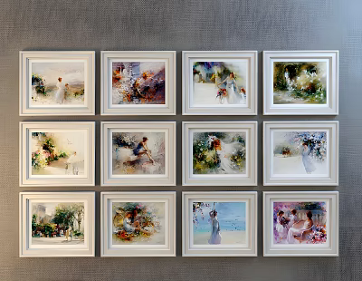 Stylish Photo Wall With White Framed Various Artistic Paintings And Family Photos Arrangement 3d model