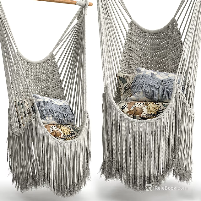 Cozy Light Gray Macramé Hanging Chair With Fringes And Patterned Pillows 3d model 
