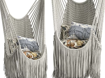 Cozy Light Gray Macramé Hanging Chair With Fringes And Patterned Pillows 3d model