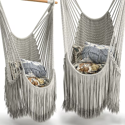 Cozy Light Gray Macramé Hanging Chair With Fringes And Patterned Pillows 3d model