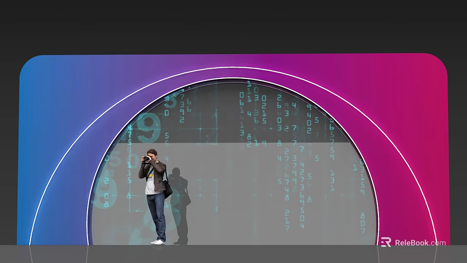 Event Entrance with Arched Purple Blue Neon Lights and Digital Code Backdrop Person Takes 3d model 