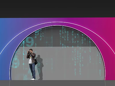 Event Entrance with Arched Purple Blue Neon Lights and Digital Code Backdrop Person Takes 3d model