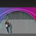 Event Entrance with Arched Purple Blue Neon Lights and Digital Code Backdrop Person Takes