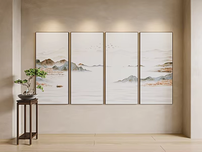 Minimalist Chinese Landscape Painting Four Panel Wall Art With Mountain River And Boat Decor 3d model
