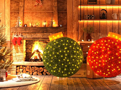 Festive Lighted Green and Red Balloons by Christmas Fireplace with Decorated Tree and Warm Ambiance 3d model