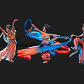 Women Dancing in Traditional Costumes with Colorful Flowing Ribbons on Black Background with Reflections