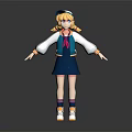 3D Animated Girl Character With Blonde Curly Hair Blue Cap Blue Skirt And Open Arms