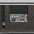 Modern Wooden Sideboard With Marble Countertop And Coffee Machine In Dining Room