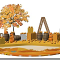 Autumn Themed Photo Spot With Orange Leaf Tree Pumpkins Wooden Barrels And Lantern