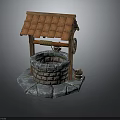 Traditional Well Structure With Tiled Roof Wooden Wheel And Stone Base