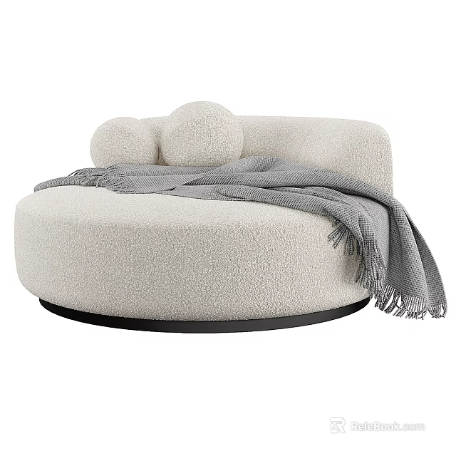 Round Shaped Beige Fuzzy Single Sofa With Gray Blanket And Circular Cushions 3d model 