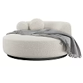 Round Shaped Beige Fuzzy Single Sofa With Gray Blanket And Circular Cushions