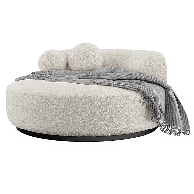 Round Shaped Beige Fuzzy Single Sofa With Gray Blanket And Circular Cushions 3d model