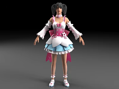 3D Model Woman In Pink White Layered Dress With Bowknot And White Shoes 3d model