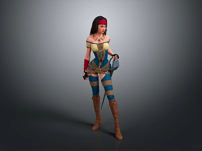 Game Movie Character Female With Red Headband Long Hair Blue Yellow Costume Holding Sword Boots 3d model