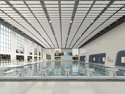 Spacious Indoor Swimming Pool With Large Windows Natural Lighting White Ceiling Grid Design And Lanes 3d model
