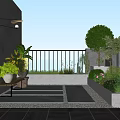 Rooftop Garden Outdoor Space With Umbrella Wooden Table Chairs Grill Green Plants And Stone Pathway