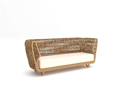 Natural Woven Rattan Outdoor Sofa With White Cushion And Modern Design 3d model